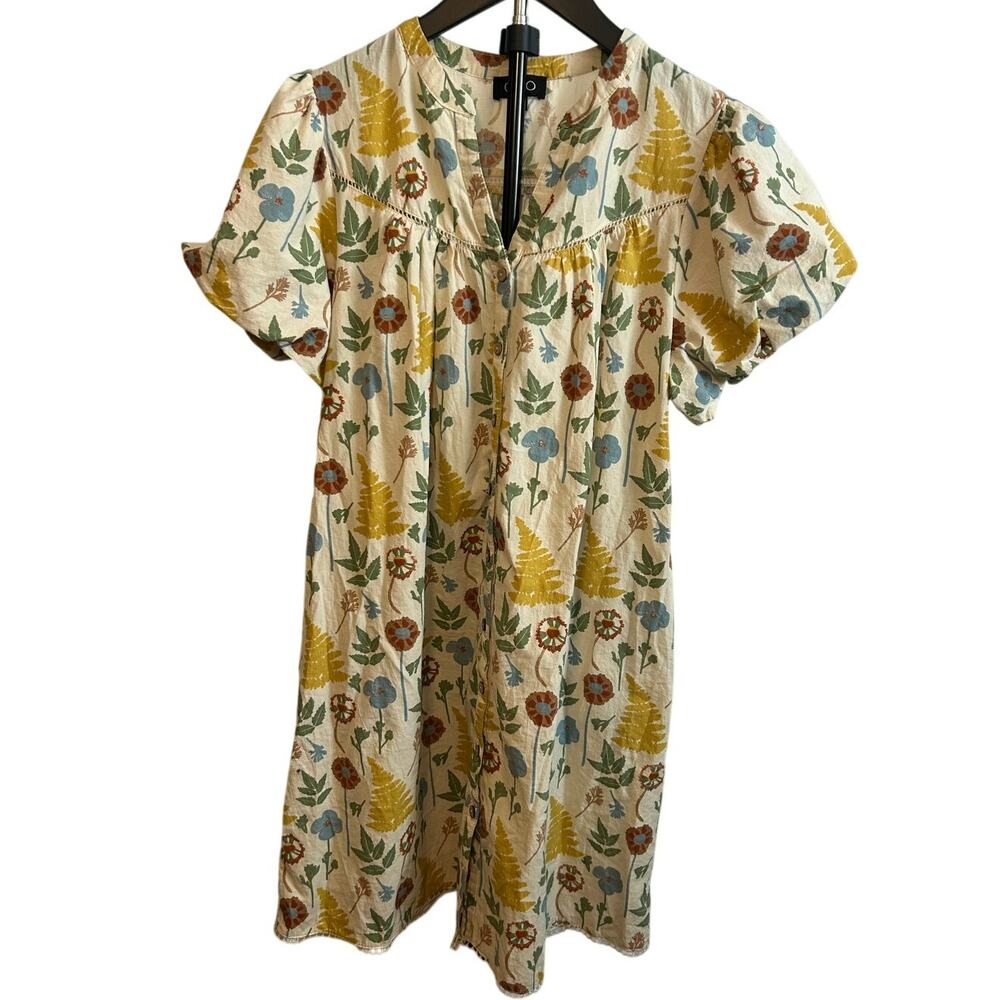 GiGio Cream Wildflower Cotton Puff Sleeve Mini Dress Boho Floral Small Pockets S